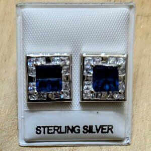🆕.925 STERLING SILVER WHITE & BLUE SAPPHIRE SQUARE PRINCE CUT STUD EARRINGS